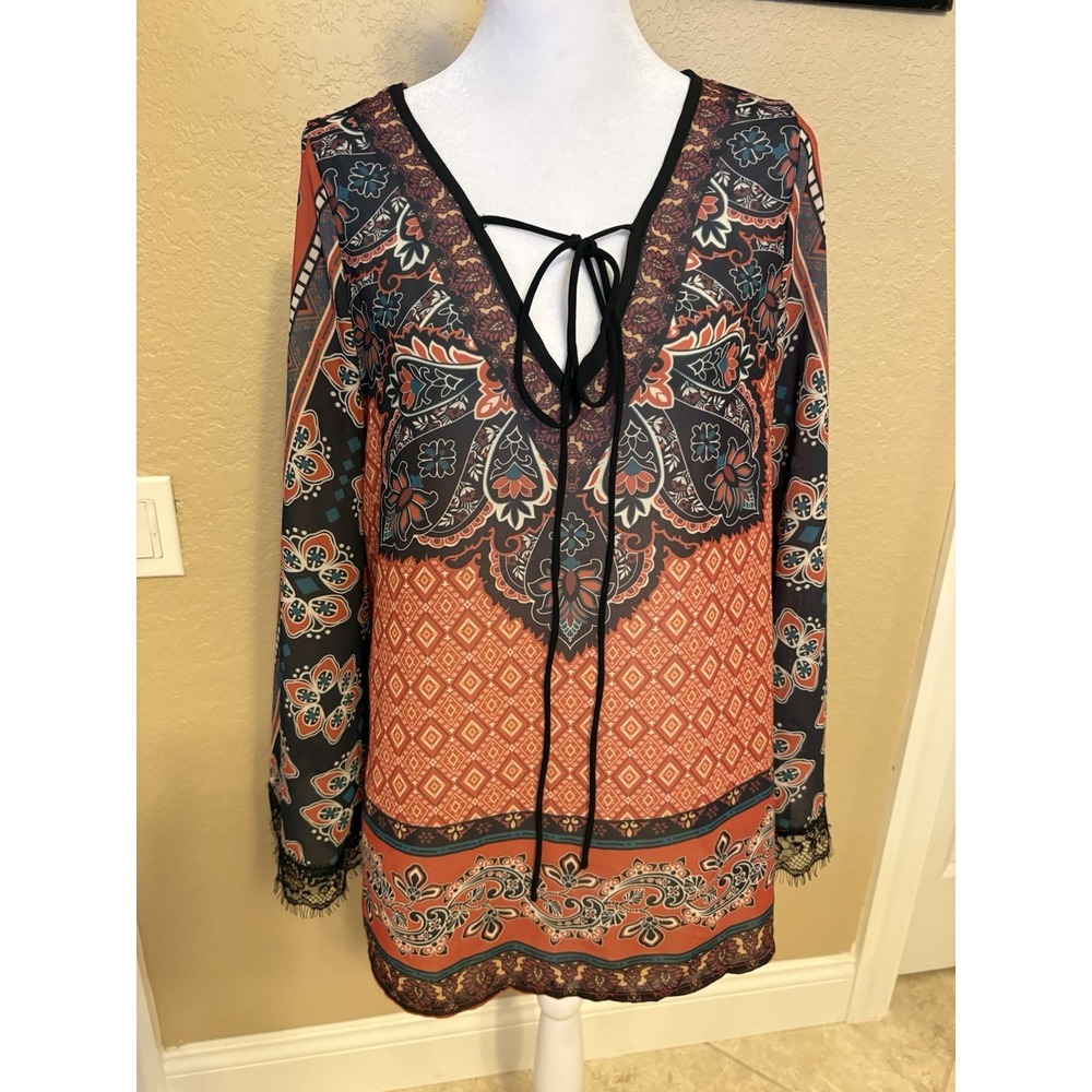Flying Tomato Bohemian Inspired Semi Sheer Tunic, Medium